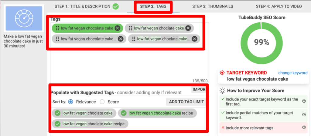 SEO YouTube: The TubeBuddy SEO Studio interface, now showing 99%