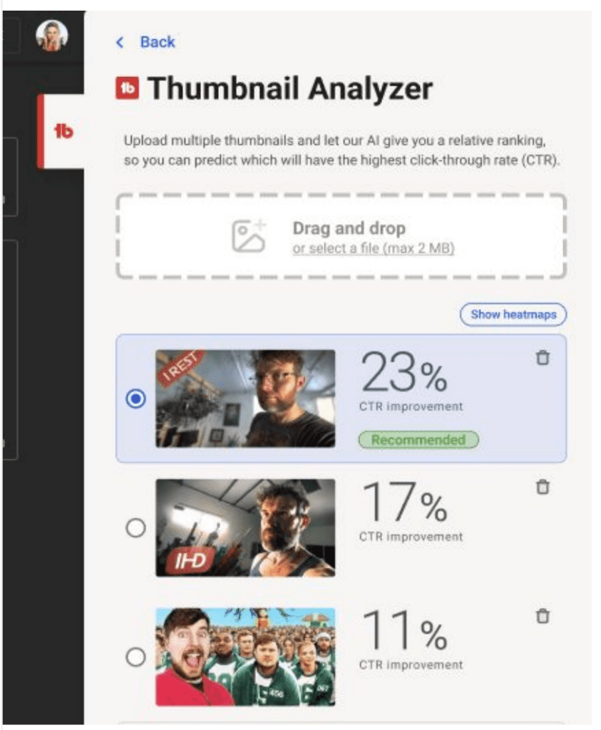AI generated YouTube thumbnail: Testing thumbnail performance in TubeBuddy Thumbnail Analyzer. Three thumbnails show a percentage CTR improvement relative to the original thumbnail.